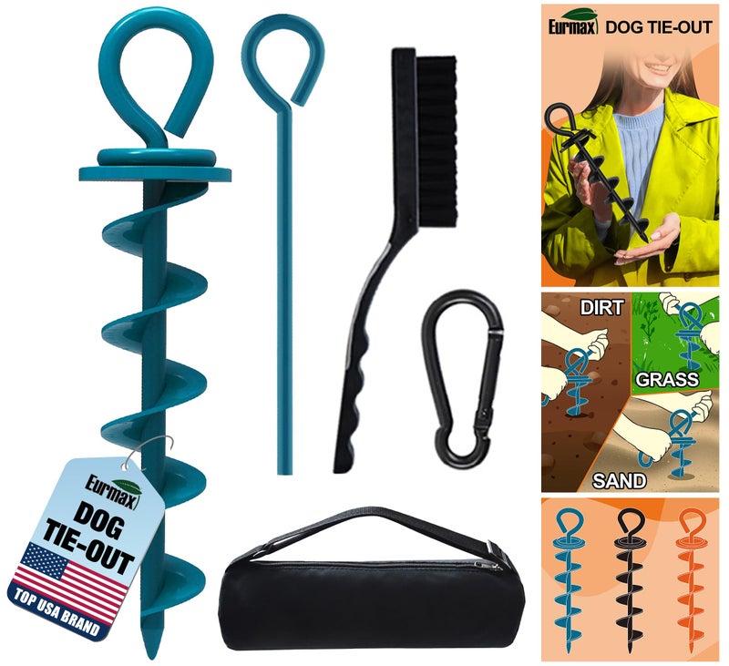 Eurmax USA Heavy Duty Dog Tie Out Stake for Large Dogs up to 210 lbs,Dog Stakes for Outside,Ground Anchor for Dog Leash,Runner Cable, Pet Gadget Dog Accessories Trampoline Stakes(1,Medium,Navy Blue) - Image 1